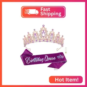 Atoden Ef8275 Birthday Crown And Queen Sash - Purple Tiara Crystal For Women Prin