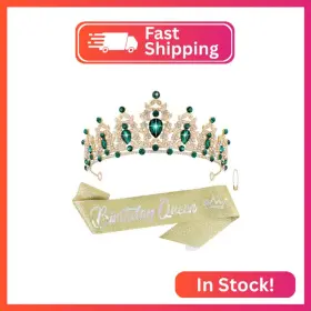 Atoden Ef8277 Green Birthday Crown And Sash Tiara For Women Girls Crystal Rhinesto