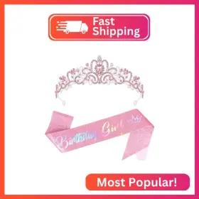 Cieher Ac0623 Birthday Girl Crown And Sash - Pink Tiara Decorations For Women