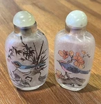 Snuff Bottles Set Of 2 Bird Inside Reverse Hand Painted Glass Jade Top Vtg. Fixed Price $40.00.