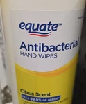 Equate Antibacterial Hand Sanitizer Wipes Citrus Scented White Yellow. Fixed Price $9.00.